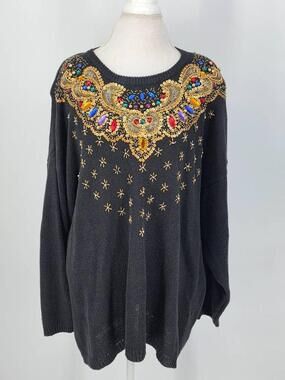 Vintage Victoria Woman 3X Beaded Sweater Black Jewel Sequin Grannycore 90s